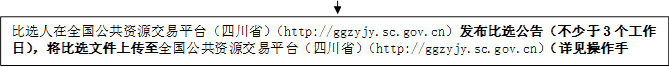 比選人在全國公共資源交易平臺（四川?。╤ttp://ggzyjy.sc.gov.cn）發(fā)布比選公告（不少于3個工作日），將比選文件上傳至全國公共資源交易平臺（四川?。╤ttp://ggzyjy.sc.gov.cn）（詳見操作手冊）。

